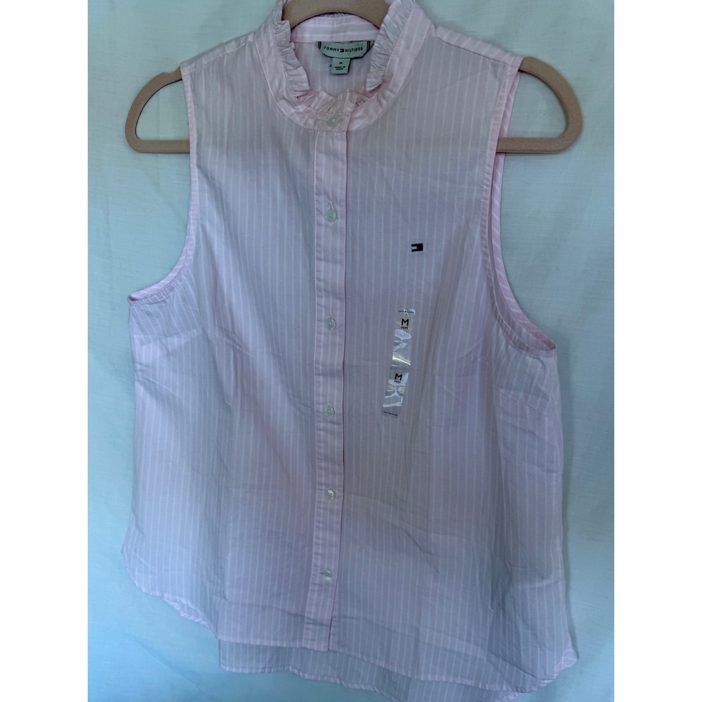 Tommy Hilfiger Pink Stripe Ruffle Neck Sleeveless Button Up Top Medium